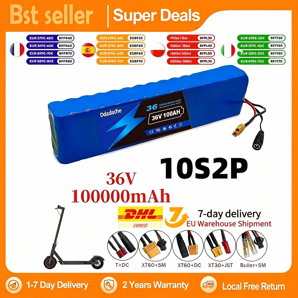 10S2P 36V 100000mAh wiederaufladbarer Lithium-Akku mit BMS-Schutz für 500W Elektroroller, Elektrofahrrad, E-Fahrzeug, Polen-Lager
