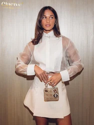 Clacive Fashion Woman Blouse 2023 Sexy Lapel Long Sleeve Office Shirts Elegant Mesh Patchwork See Through Tops Female Clothing