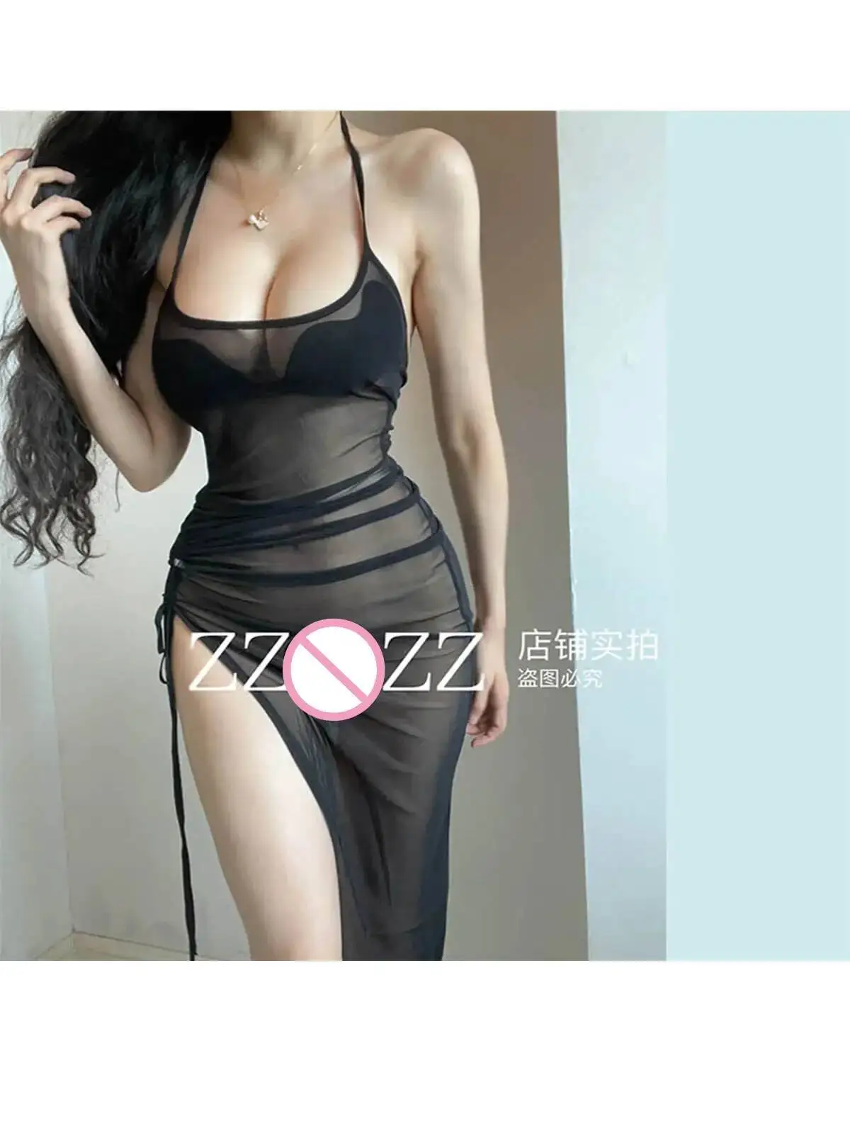 New Sweet Cool Drawstring Lace Up Slit Mesh Transparent Sexy Dress Elegant Black Thin Fashion Women Mini Dress Tops 01LD