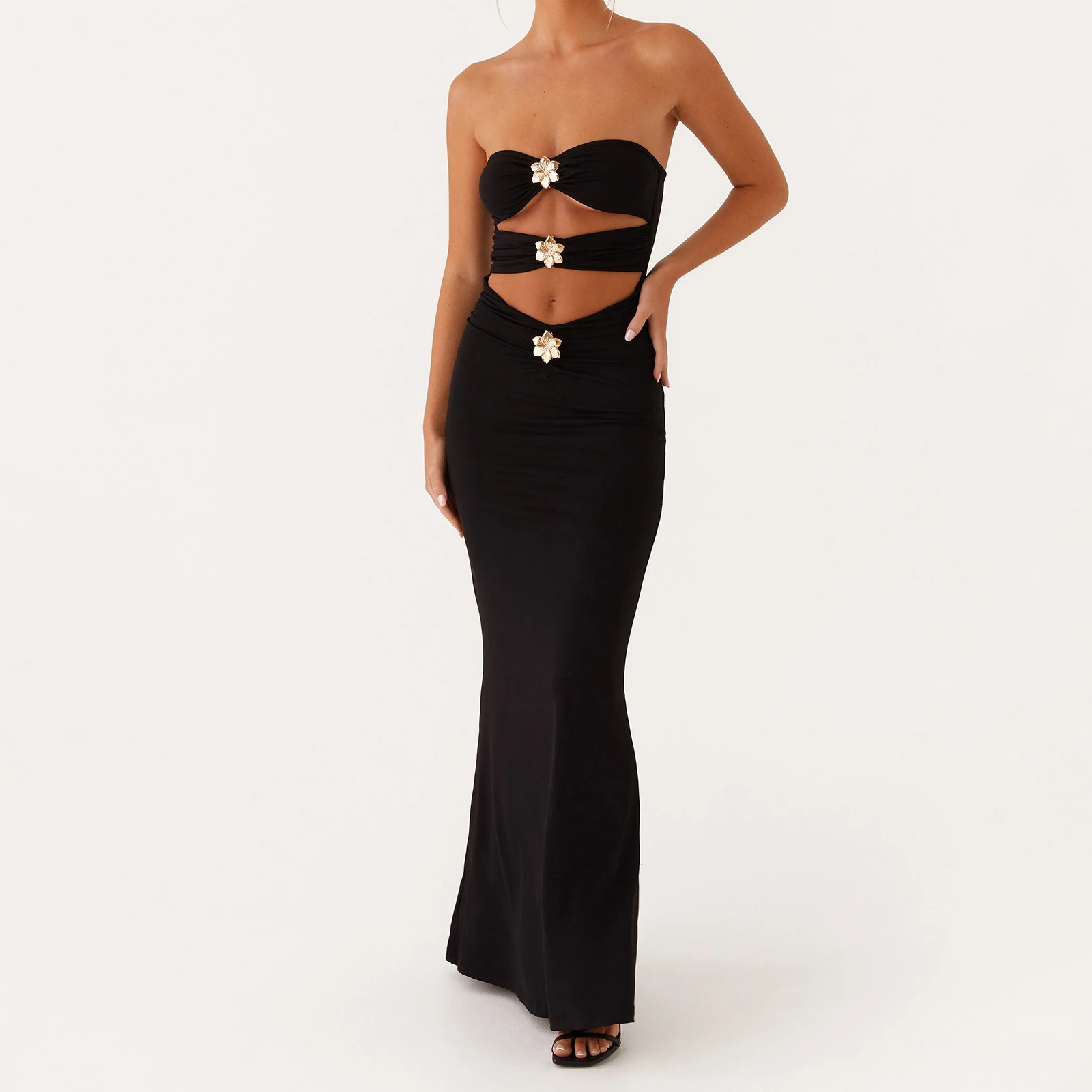 Vestido largo de tubo para mujer, vestido ajustado con flores de Metal y hombros descubiertos, vestido ajustado sin mangas para fiesta, Club, vacaciones, elegante y elegante