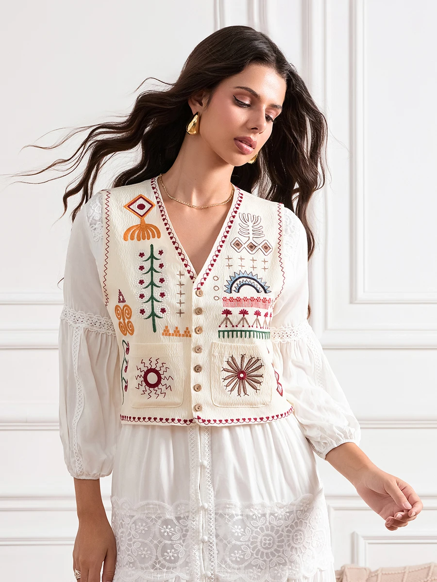 Women s Boho Vest Fashion Embroidery V Neck Button Down Sleeveless Crop Tops with Pockets for Daily Office Travel