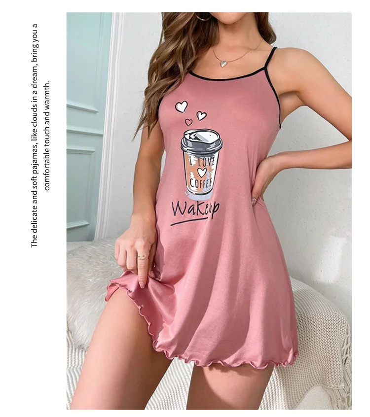 Damen-Sommer-Nachtwäsche, bedruckte Cartoon-Pyjamas, Träger-Nachtwäsche, lässiges und bequemes Hauskleid, Nachthemd. – Detail 6