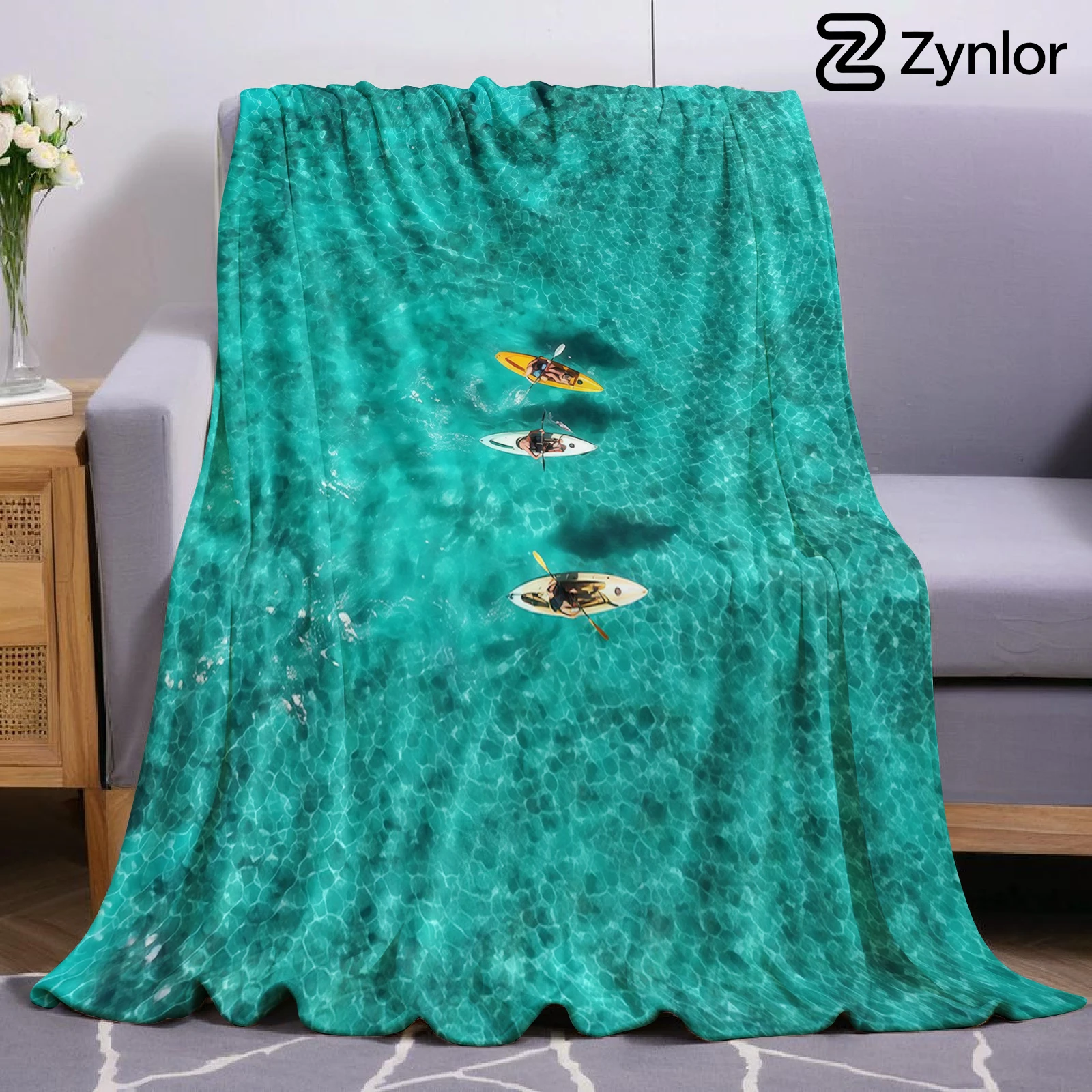 Turquoise Ocean Kayak Cartoon Anime Print Flannel Blanket Soft Warm Throw for Kids Bedroom Sofa Bed Christmas Office Car