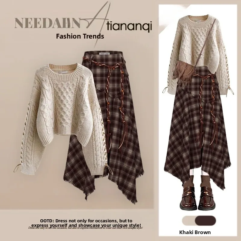 

Комплект из вязаного свитера и клетчатой юбки больших размеров: модный, удобный, повседневный осенне-зимний комплект из двух предметов для женщин больших размеров