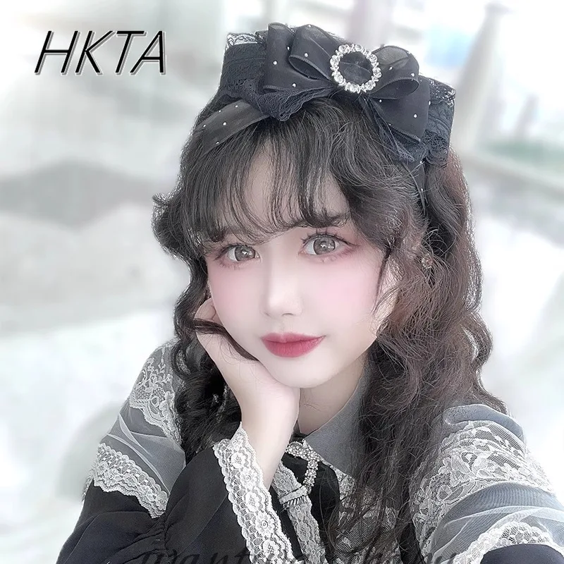 

Japanese Lolita Mass Produced Mine Based Rhinestone Hair Clips Women Summer Lace Splicing Bow Hair Accessories Headband Girls