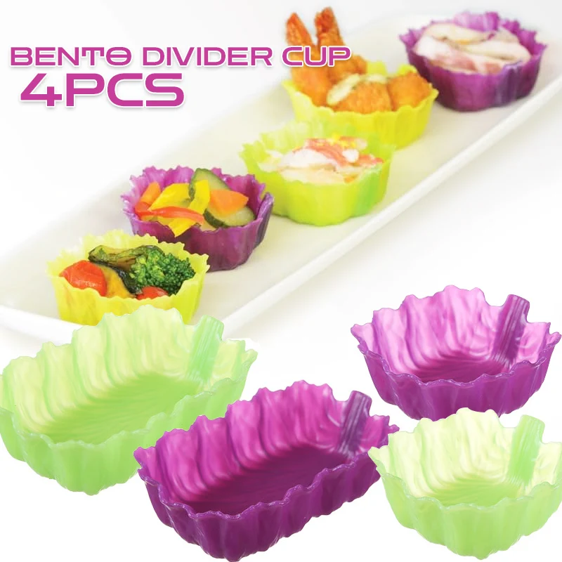 

4pcs Lunch Cup Bento Sushi Tray Sauce Dish Divider Cup Muffins Cupcakes Liners Baking Sheet Leaf Shape for Bento Dessert