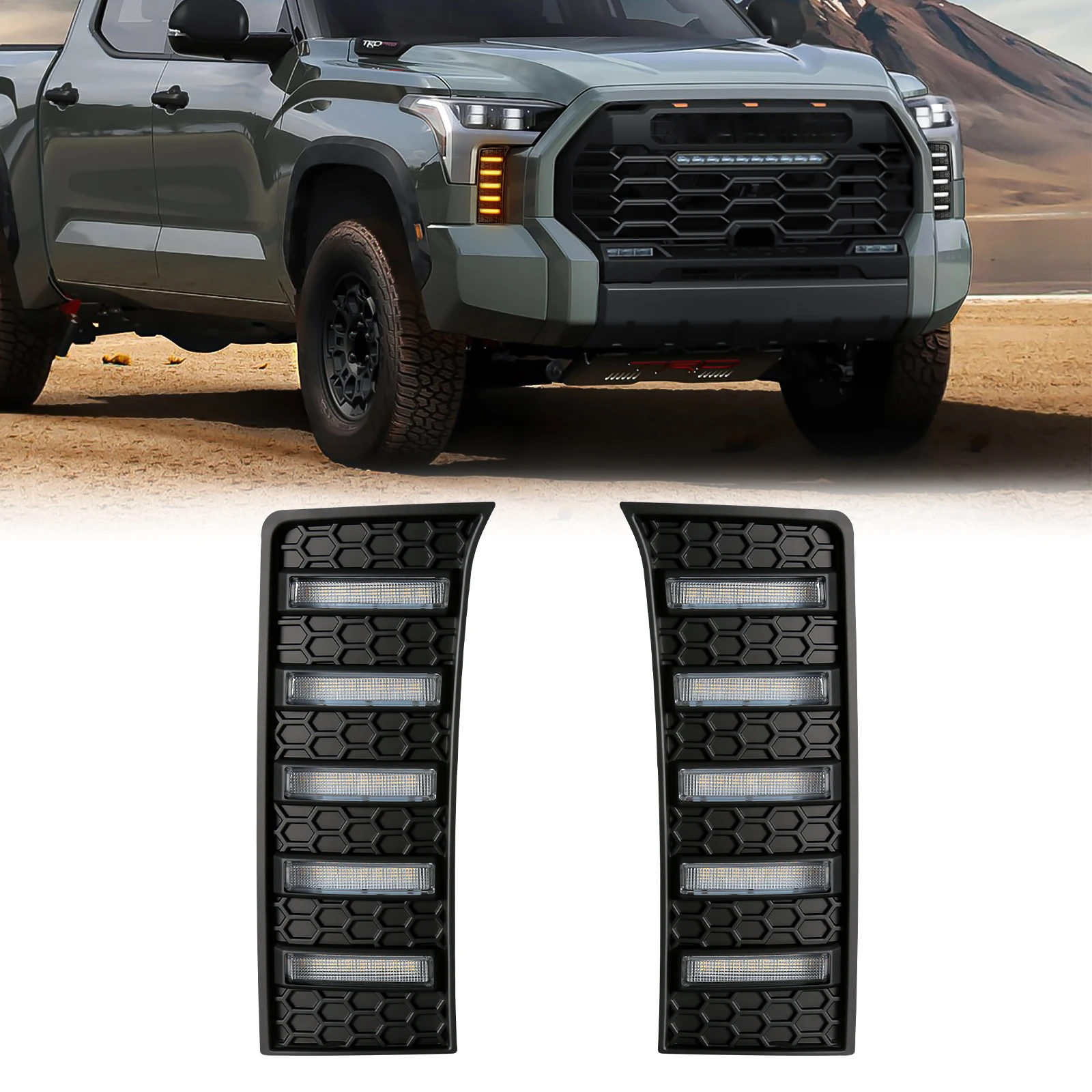 

Светодиодные ДХО для Toyota Tundra 2022 2023, дневные ходовые огни, белые дневные фары, желтые указатели поворота, фары, автомобильные аксессуары