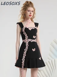 Designer Niche Elegant Contrast Color Vest Dress Party Summer Pink 3D Flower Butterfly Ribbon Slim Fit Small Black Dresses Women