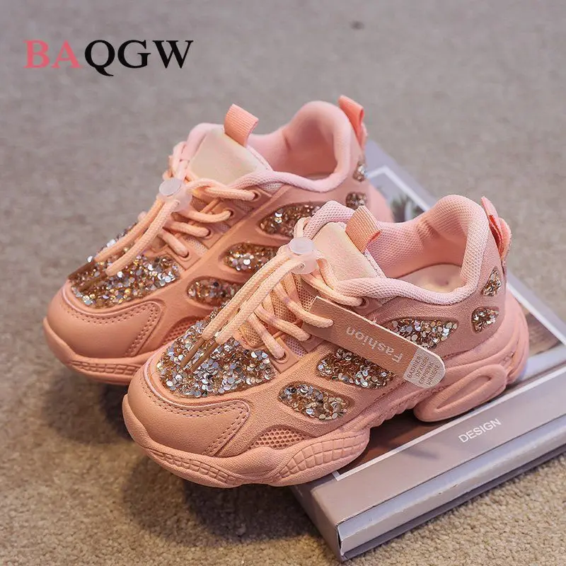 Spring Fashion Child Sneakers Rhinestones Glittering Childen Outdoor Leisure Sports White Shoes Sequined Kids Toddler Girl Shoes