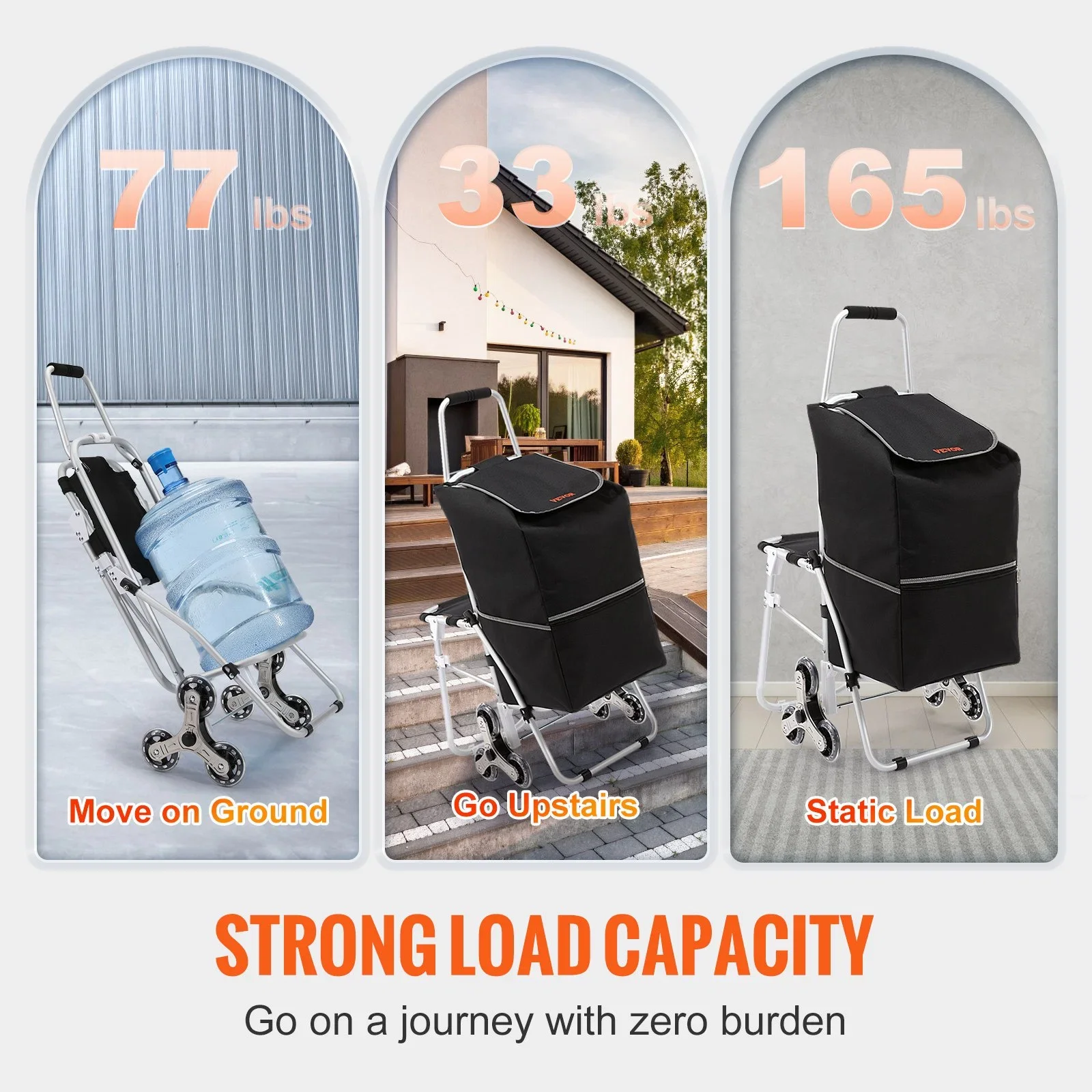 VEVOR Carro de escalada de escaleras Carro de compras plegable de 50 litros con bolsa impermeable y asiento