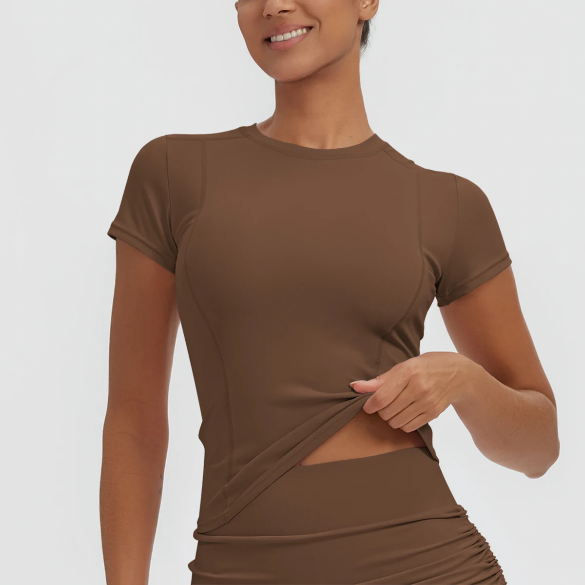 Neues Damen Sommer Yoga Kurzarm T-Shirt Lauf- und Radsport Einfarbiges Schnelltrocknendes Workout-Oberteil Enganliegend Atmungsaktive Yoga-Kleidung – Detail 10