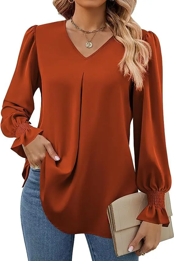 2024 Autumn Women\'s Shirt V-neck Flare Long Sleeve Fashion Solid Color Elegant Street Casual Blouses for Women