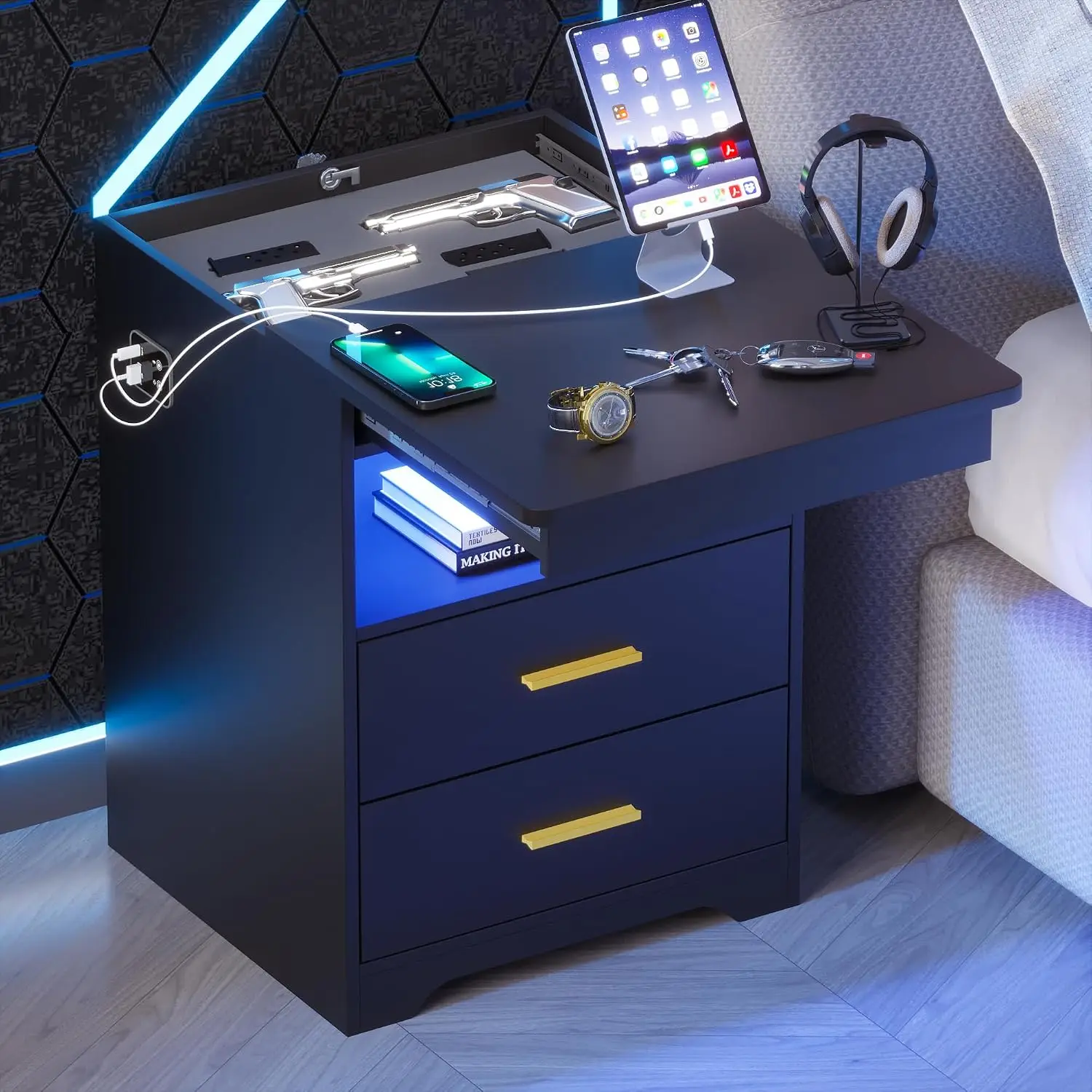LED Nightstand with Gun Drawer & Charging Station & Sensor Black 3 Color Lights Hidden Compartment with Lockable Keys Customized