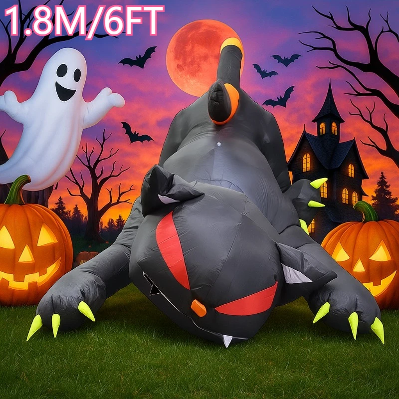 1.8M Halloween Inflatables Toys Decorations Shakes Head Black Cat Garden Party Built-in LED Lights Up Ghost Festival Yard Indoor