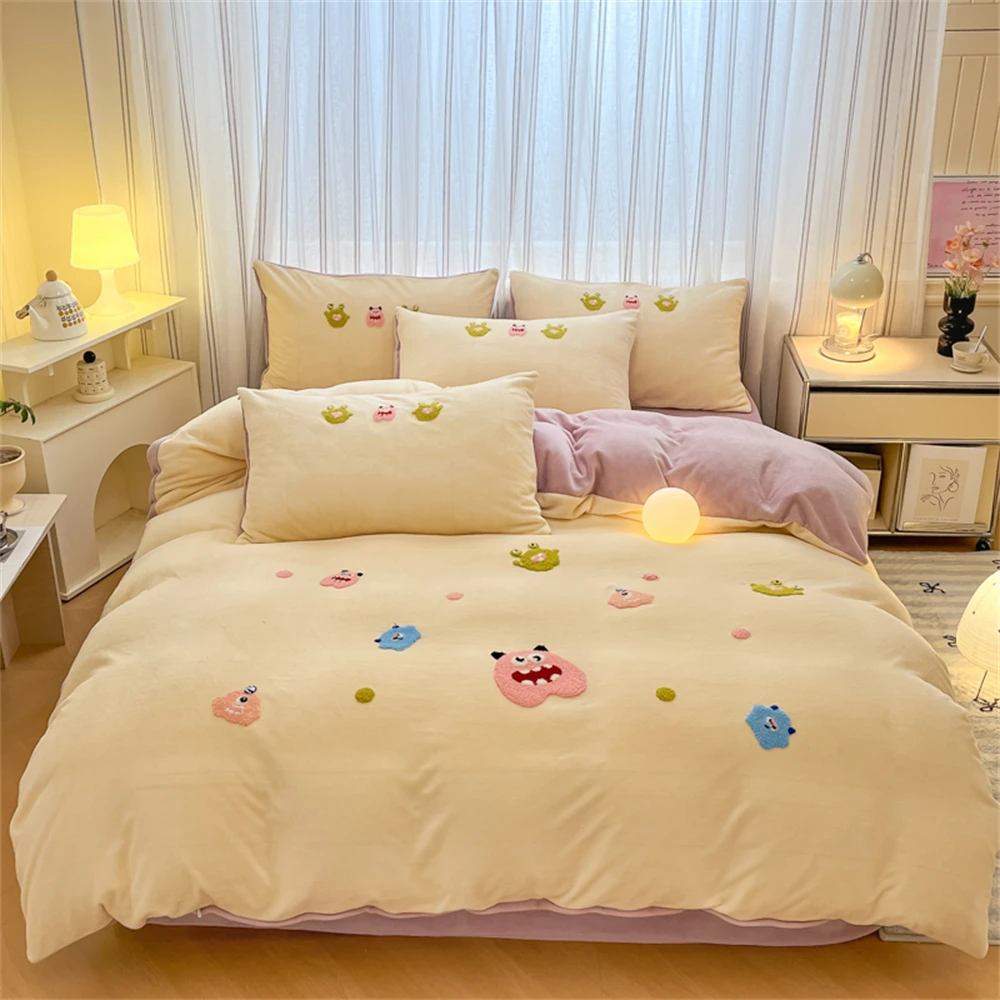 Cartoon Embroidery Bedding Set Milk Velvet Four-Piece Sets Duvet Cover Thickened Coral Velvet Quilt Cover Bed Sheet Pillowcase