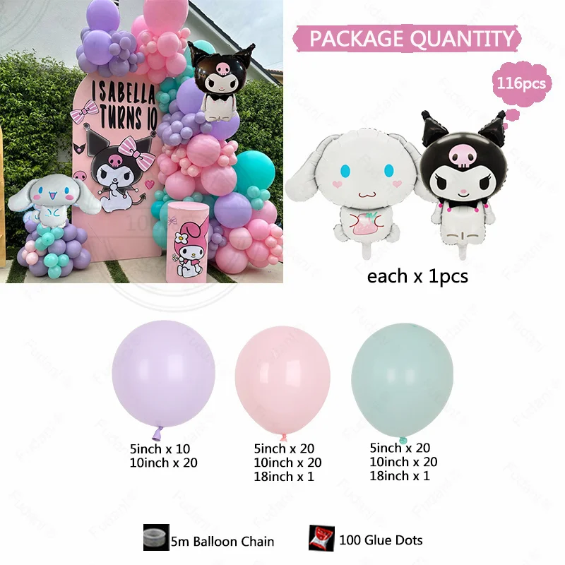 116PCS Sanrio Kulomi Cinnamoroll Theme Balloon Arch Set Macaron Latex Balloons Girl Baby Shower Birthday Party Favors Decoration