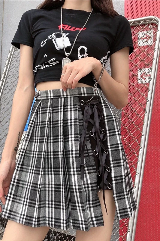 Chic JK Uniforme Gonna irregolare con lacci scozzese grigio giapponese Estate Nuova linea a vita alta Gonne corte versatili che riducono l'età