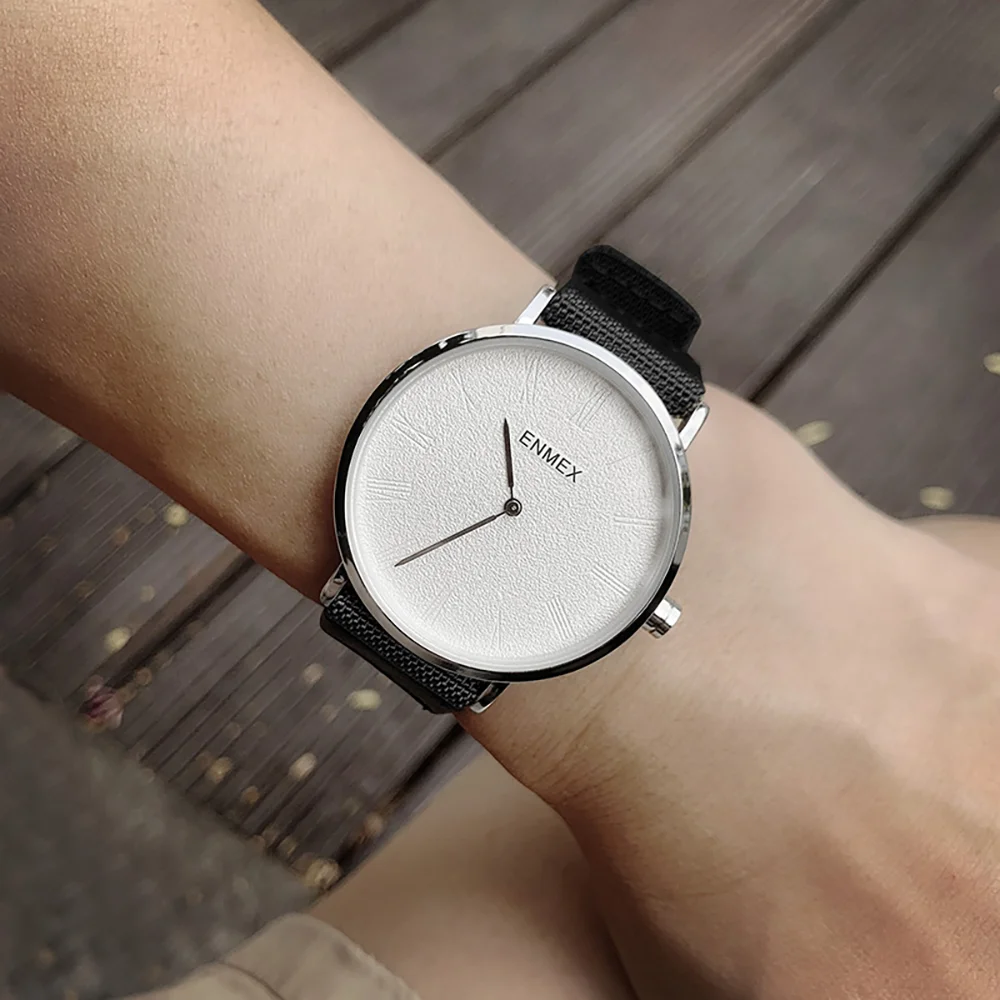 2023 Enmex creative style canvas strap wristwatch Ultra thin case simple digital special design brief casual quartz watch
