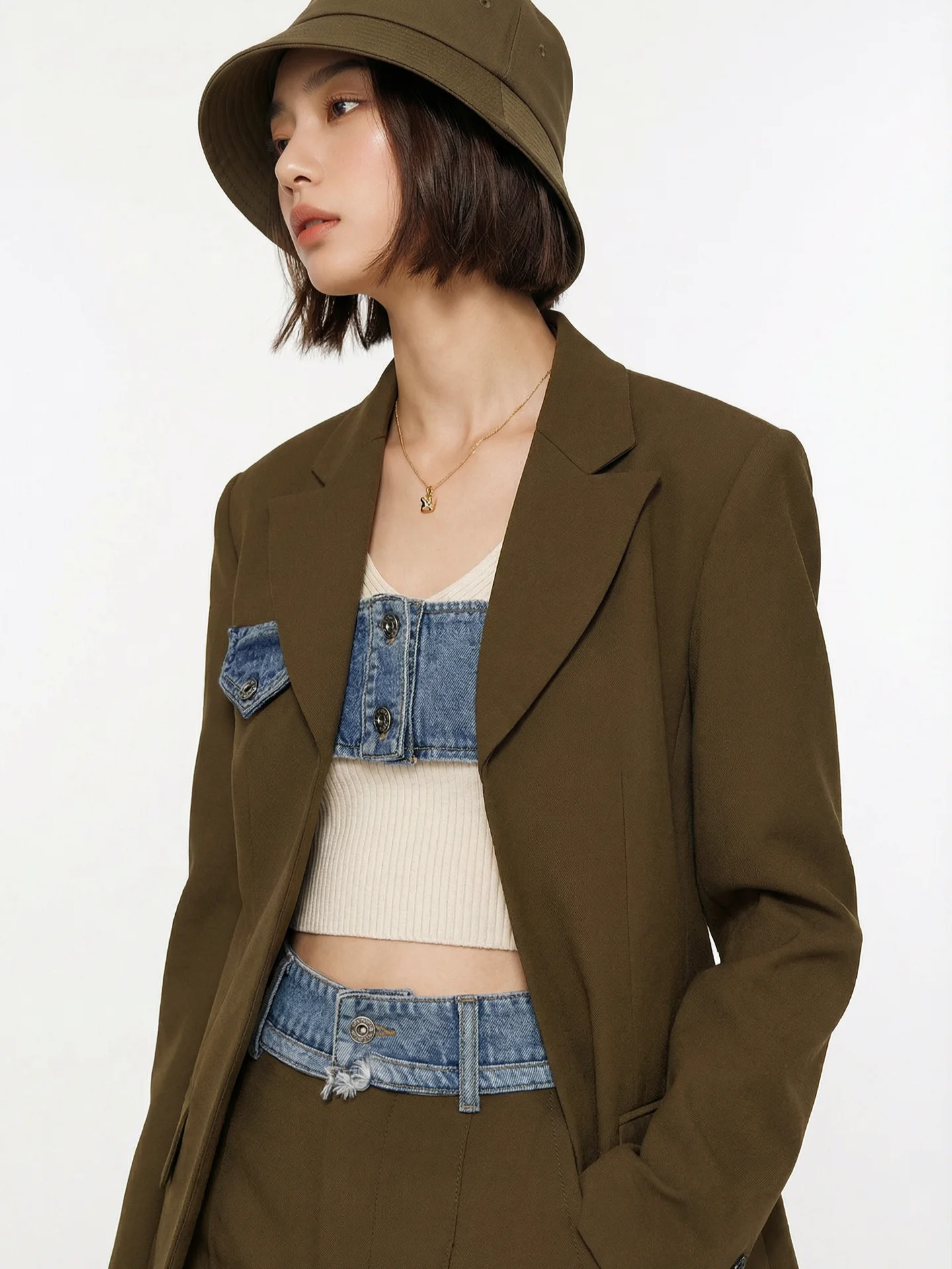

High Waist Denim Patchwork Suit Set Women's ort Pants Two-Piece Set Coffee Color High nce Sensation Faionable Ou...