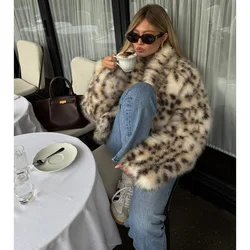 Leopard Print Faux Fur Jacket for Women Winter Thermal Outerwear Chic Long Sleeve Loose Warm Coat 2025 Lady Trendy Urban Outfit
