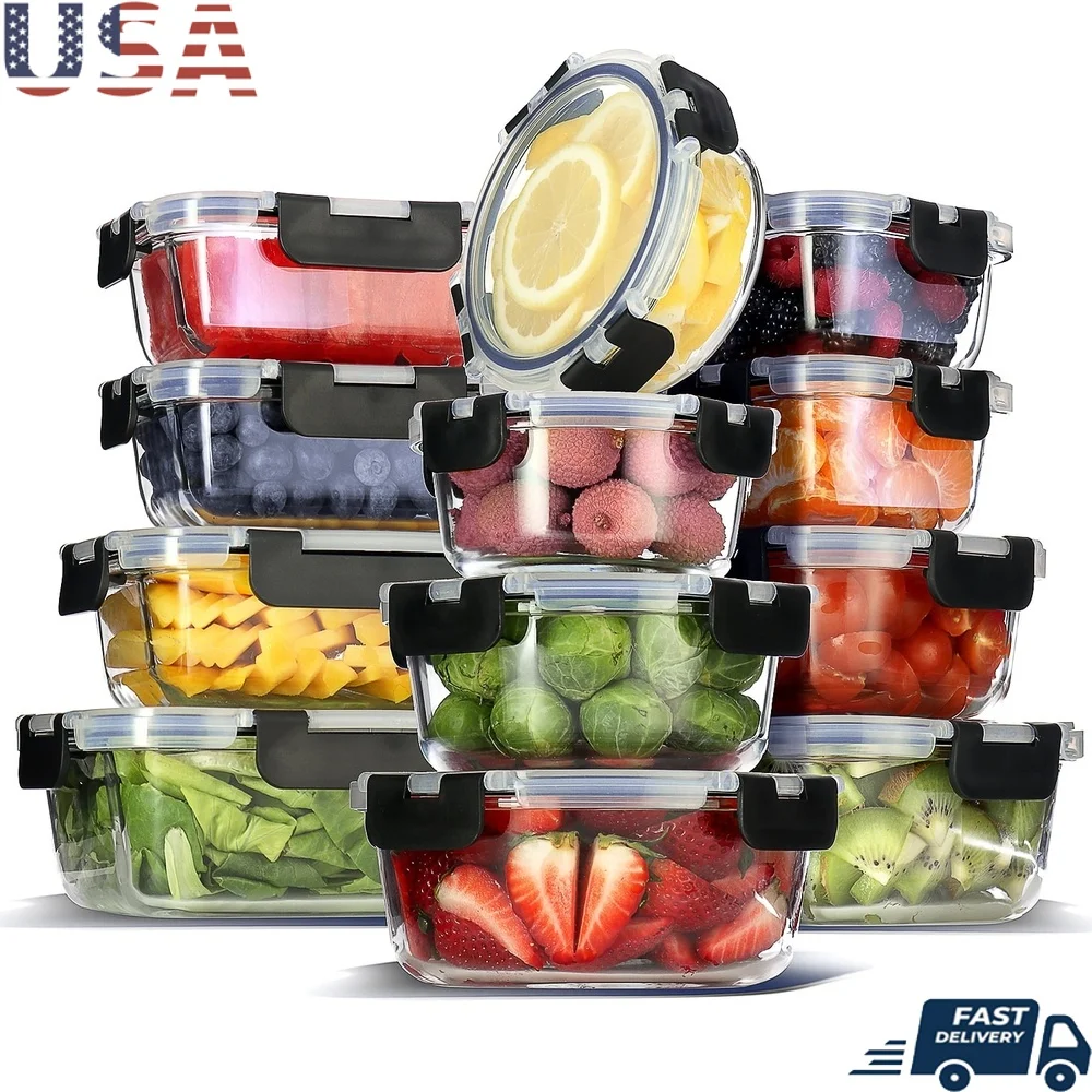 

24pc Glass Food Storage Containers Airtight Leakproof Meal Prep Microwave Oven Freezer Safe Snap Lock Lids Stackable