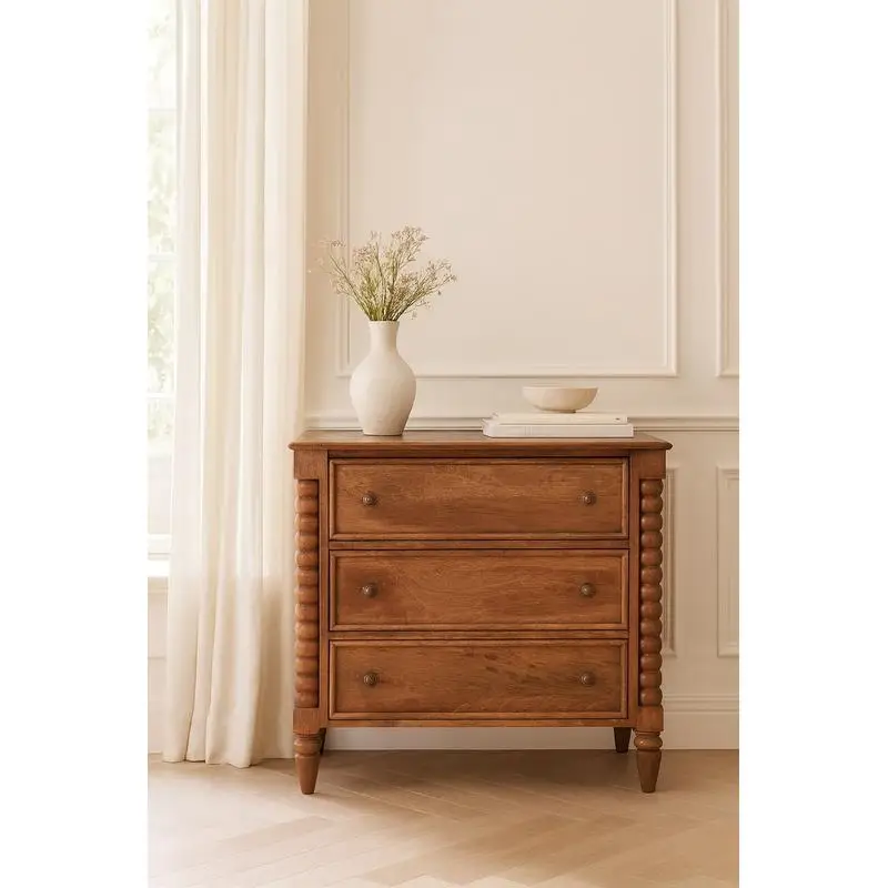 Solid Wood Spindle Chest, Brown, 3-Drawer Storage Unit, Compact Design for Bedroom or Living Room Use, Durable and Stylish