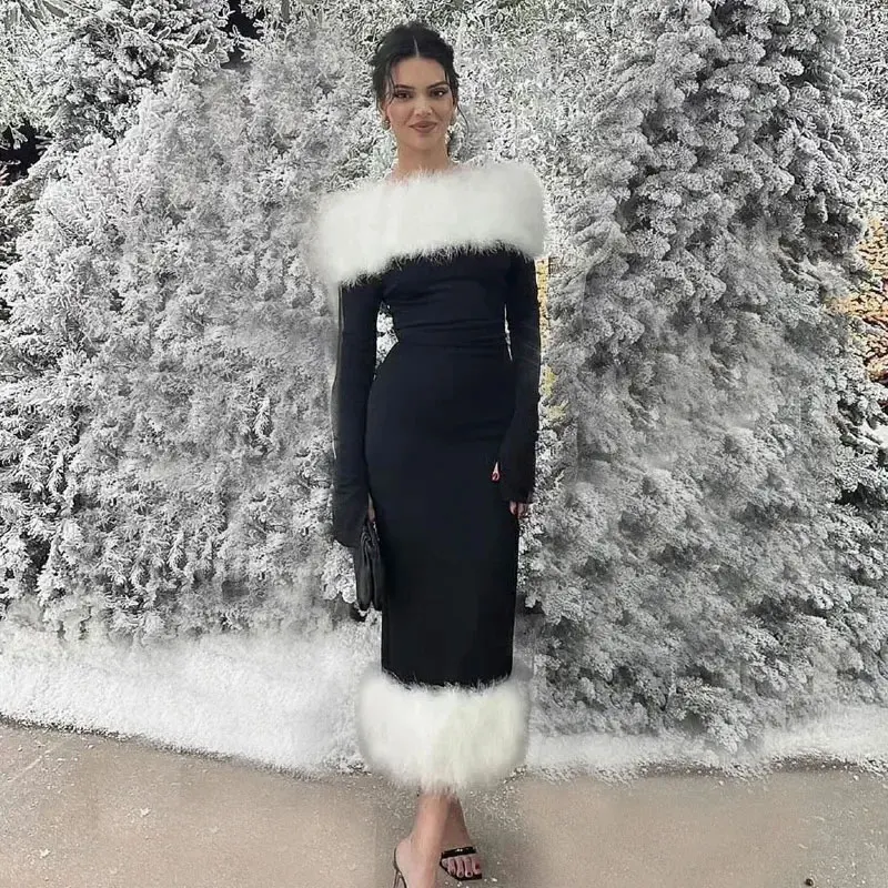 

Off The Shoulder Evening Party Gown Long Sleeve Tea-Length Blacks Formal Dresses Exquisite Faux White Fur Sheath Christmas Dress