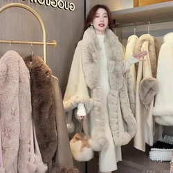 Fashion Solid Handcraft Fox Fur Cape Shawl Women Long Knit Cashmere Poncho Coat Wraps Faux Fur Pashmina Cloak Loose Lady L215