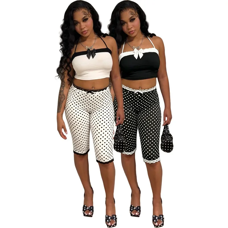 

HR26020 European and American fashion women's clothing, bow suspender top + printed lace five-point pants
