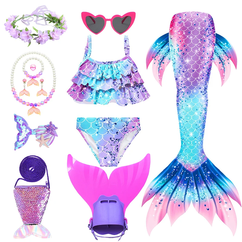 

Summer Fancy Little Girl Rainbow Mermaid Tail Swimwear Holiday Party Beach Girls Bikini Children's Vacation Diving Swimsuit Fins