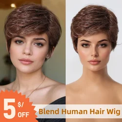 Chocolate Brown Layered Blend Human Hair Wig Short Straight Pixie Cut Human Hair for Women Daily Party Use Machine Made Wigs