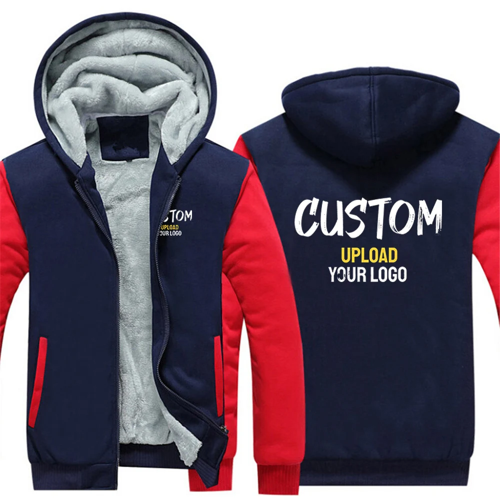 Personalized Custom Men Warm Coat Thick Fleece Male Zipper Hooded Jackets Casual Hooded Sportswear Outerwear Long Hoodies