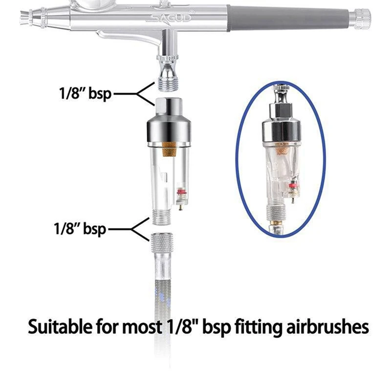 Airbrush Tool Parts In-Line Air Filter And Oil Water Separator With 1/8 Inch Female Threads For Airbrush And Hoses Connect