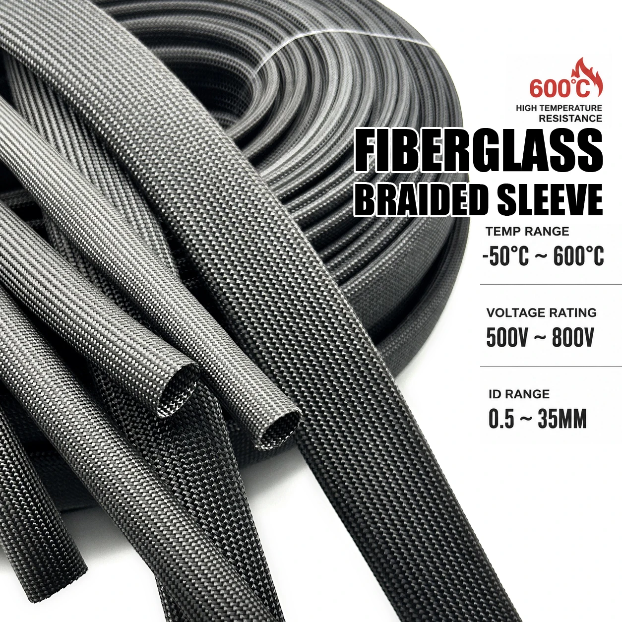 Black 600 deg C glassfiber sleeve ID 0.5/1/1.5/2/2.5/3/3.5/4/5/6/7/8/9/10/12/14/16/18/20/25/30/35mm Flame retardant insulation