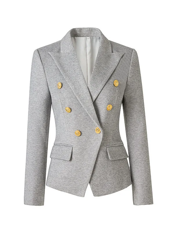 

Women's Suit Jacket Autumn New Gray Double-breasted Metal Button Slim Fit Temperament Commuter Short Cotton Blazer outerwears