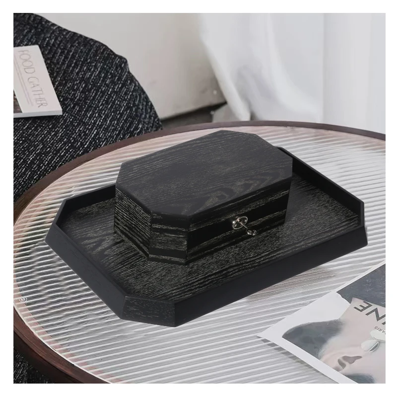 Costom Modern Lxury Black Lacquerware Wooden Jewelry Box Tray for Hotel Includes Storage Tissue Box Creative Home Decoration