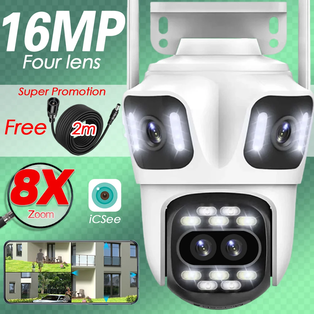 

Outdoor Wireless Surveillance Camera 360° 16MP 8K WIFI Security Camera Four Lens Three Screens PTZ 8X Zoom iCSee Smart CCTV P2P