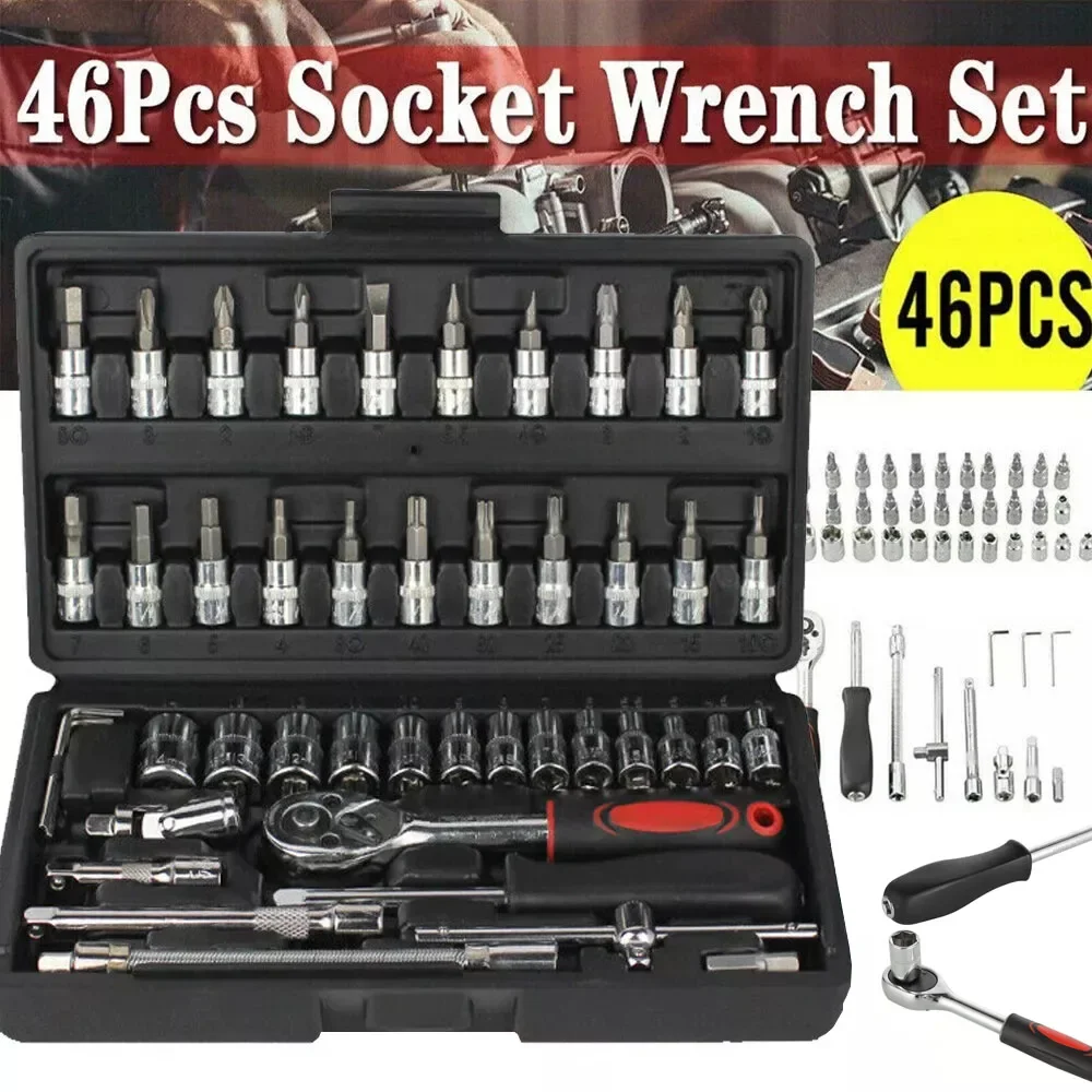 

46Pcs 1/4" Drive Metric Flexible Head Ratcheting Wrench Combination Spanner Mechanic Tool Set Car Repair Tool Kit w/Black Case