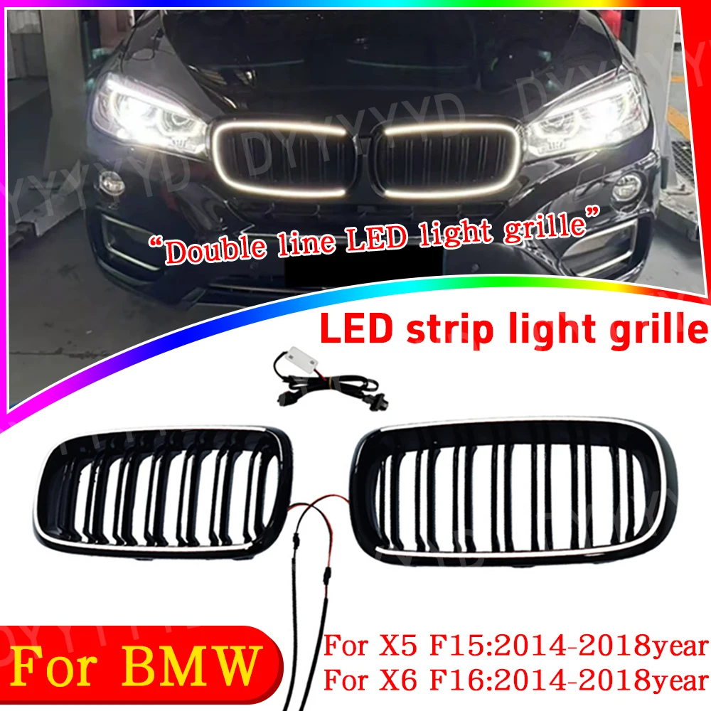 Image 3: Grille LED noire brillante pour BMW X5 X6 M F15 F16 F85 F86 XDrive 30i 35d 40i M50i 2014-2018, compatible avec ABS.