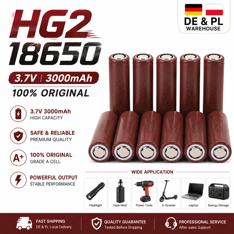 Batterie Li-ion 18650 à dessus plat 3.7V 3000mAh 20A, cellule rechargeable pour drone de course RC, meuleuse d'angle portable, pack de batterie DIY, remplacement pour HG2, entrepôt UE, livraison rapide, performance stable