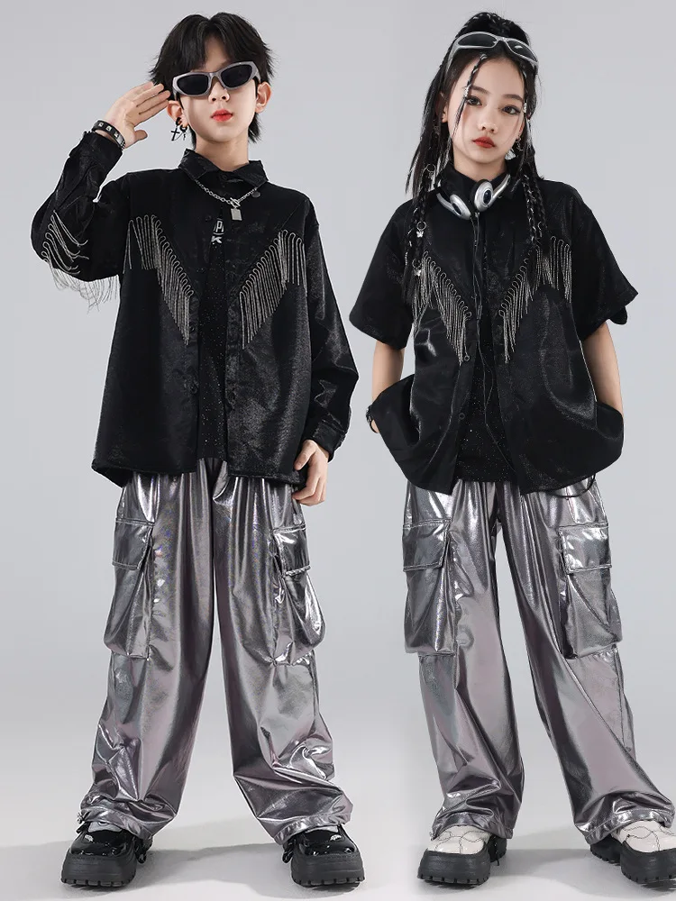 

Boys Hip Hop Green T-shirt Shiny PU Leather Cargo Pants Girls Crop Top Kids Street Dance Streetwear Children Jazz Clothes Sets