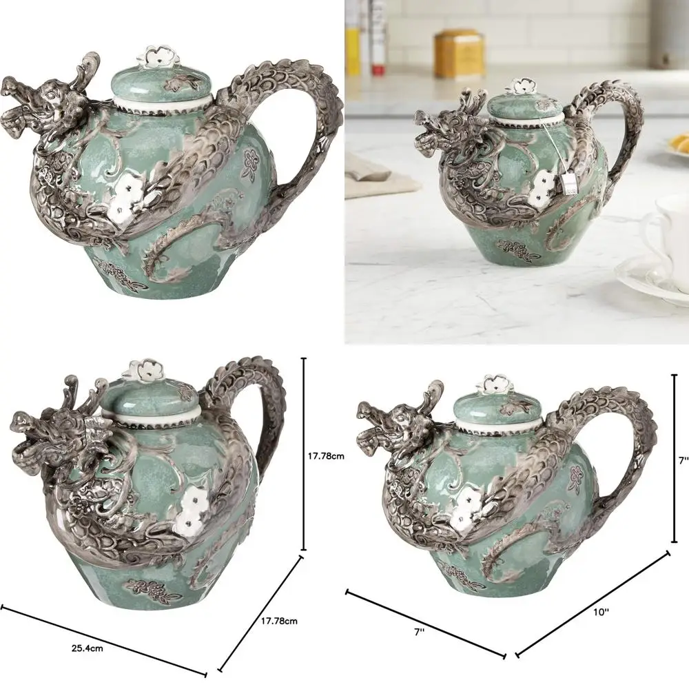 

Green Ceramic Dragon-Shaped Teapot, 10 x 7 x 7, Handcrafted with Sky Blue Glaze, Large Capacity for Tea Enthusiasts