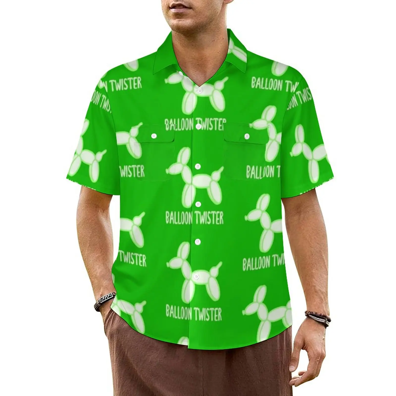 

Balloon Twister Green Beach Shirt Cute Dogs Print Hawaii Casual Shirts Mens Cool Blouses Short Sleeve Fashion Graphic Clothes