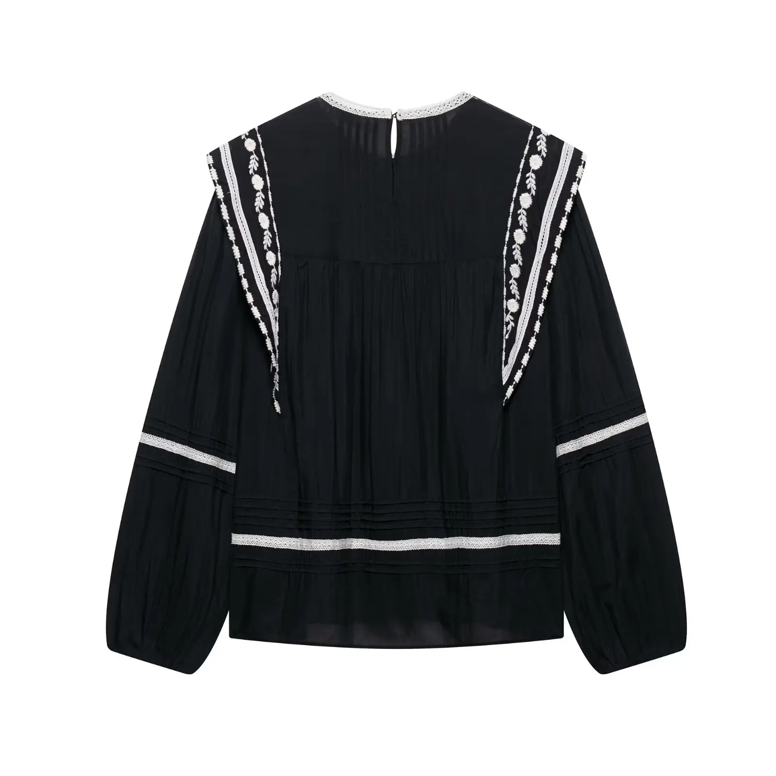 RARA Womens Color Block Embroidery Blouse Stylish Long Sleeve Design Pleated Detail Decorative Stitch Ladies Fashion Top