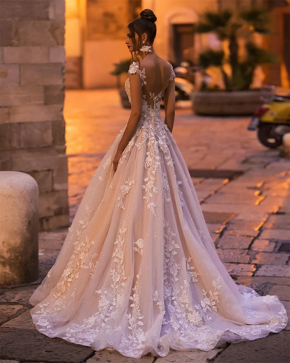 Elegant wedding dress ivory large size off-the-shoulder V-neck embroidered train A-line netсвадебное платье