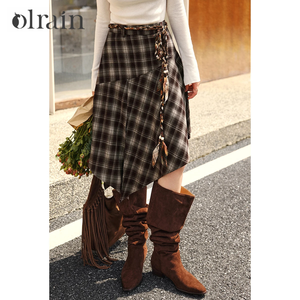 

OLrain женская клетчатая юбка в стиле ретро, осень 2022, асимметричный подол, боковая молния, средней длины, свободная посадка, простая теплая юбка O57DB001900