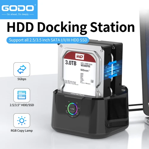 Estación de acoplamiento de disco duro GODO para HDD SSD SATA de 2,5/3,5 pulgadas a USB 3,0 estación de acoplamiento HDD con adaptador de corriente 12V3A