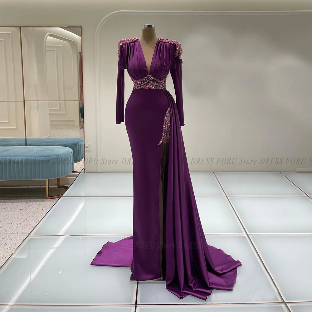 Luxury Prom Dress Glitter Bead Sequin With Long Sleeve V Neck Sweep Train Evening Party Gown Split Celebrity Pageant Customized image 4