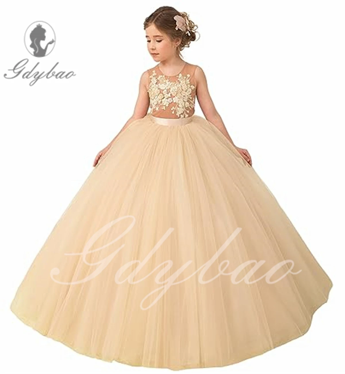 Champagne Tulle Applique Flower Girl Dress, Até o chão, Inchado, Aniversário Kids, Primeira Comunhão Princesa Vestidos de Baile