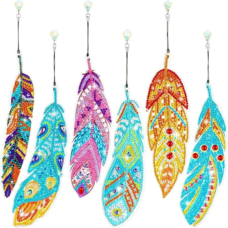 

6pcs/Set DIY 5D Diamond Painting Kit Feather Shaped Crystal Pendant Handmade Embroidery Bookmarks Art Craft Gift Set